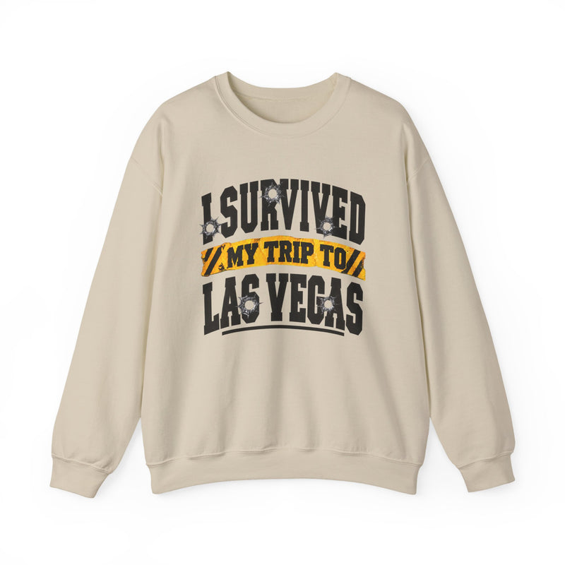 Sweatshirt with collegiate lettering reading I SURVIVED MY TRIP TO LAS VEGAS, front view.