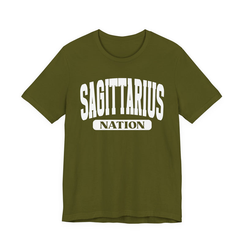 Olive t-shirt with white arched SAGITTARIUS collegiate lettering and NATION banner print, front flat-lay view.