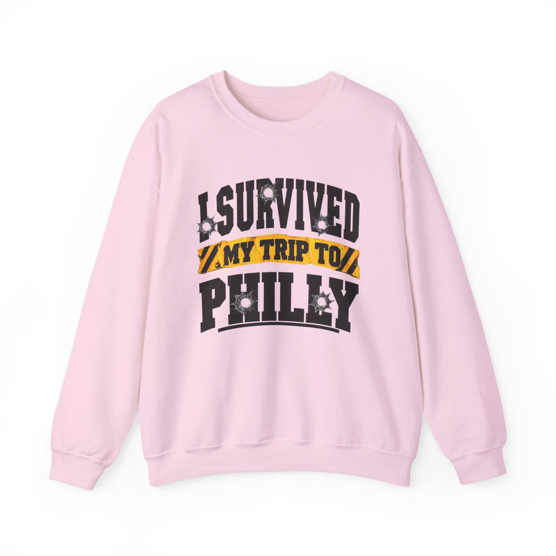 Sweatshirt with bold lettering reading I SURVIVED MY TRIP TO PHILLY, product view.