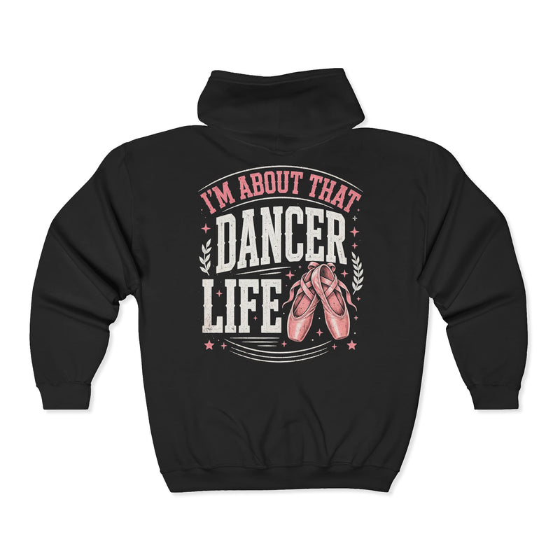 Charcoal hoodie with dark bold dancer-pride lettering reading I'M ABOUT THAT DANCER LIFE, front flat-lay view.