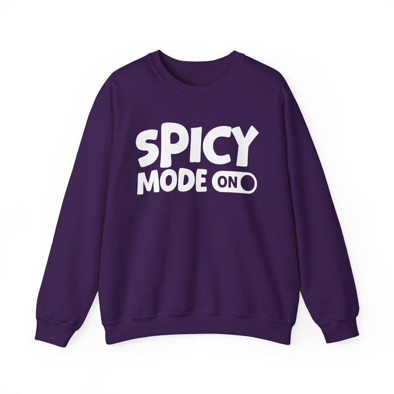 Charcoal sweatshirt with white bold distressed lettering reading SPICY MODE ON, flat-lay view.