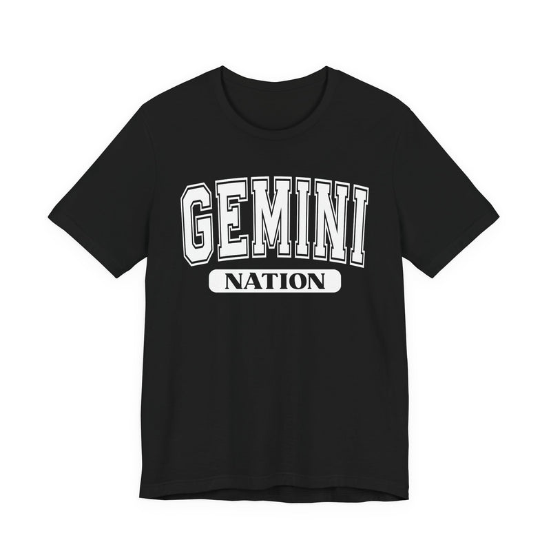 Black t-shirt with white arched GEMINI lettering and NATION bar print, front flat-lay view.
