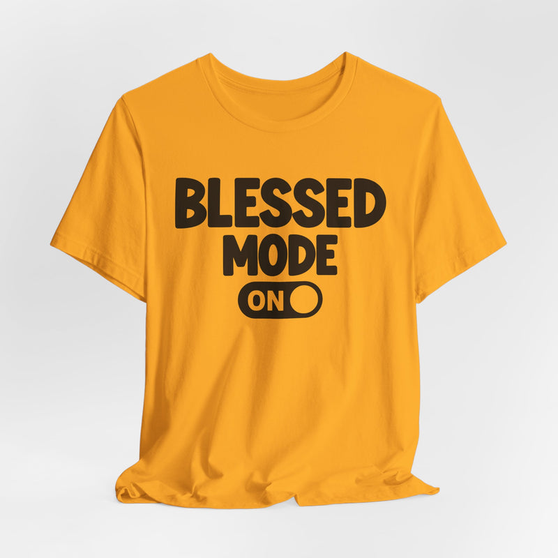 T-Shirt with text design reading “PRAISE MODE ON”, front view