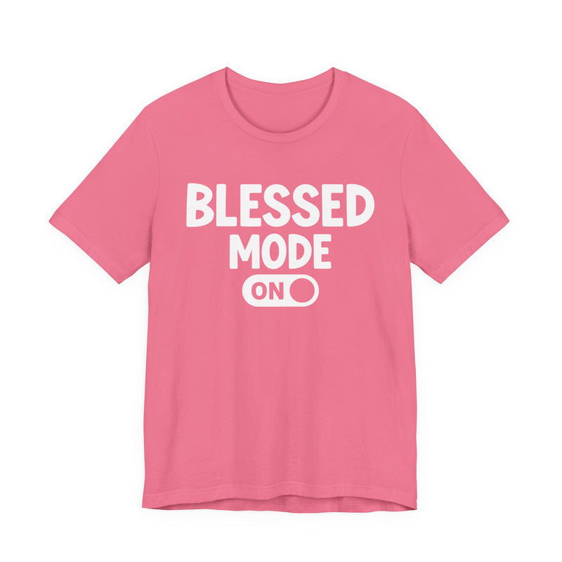 T-Shirt with text design reading “PRAISE MODE ON”, front view