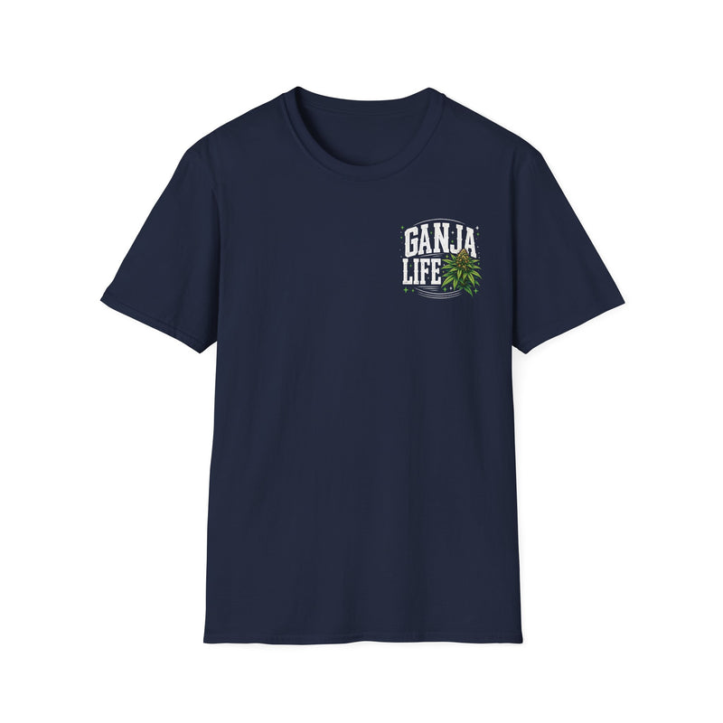 Tee with white block lettering reading I'M ABOUT THAT GANJA LIFE, back view. Street Talk Designs 420 friendly statement apparel.