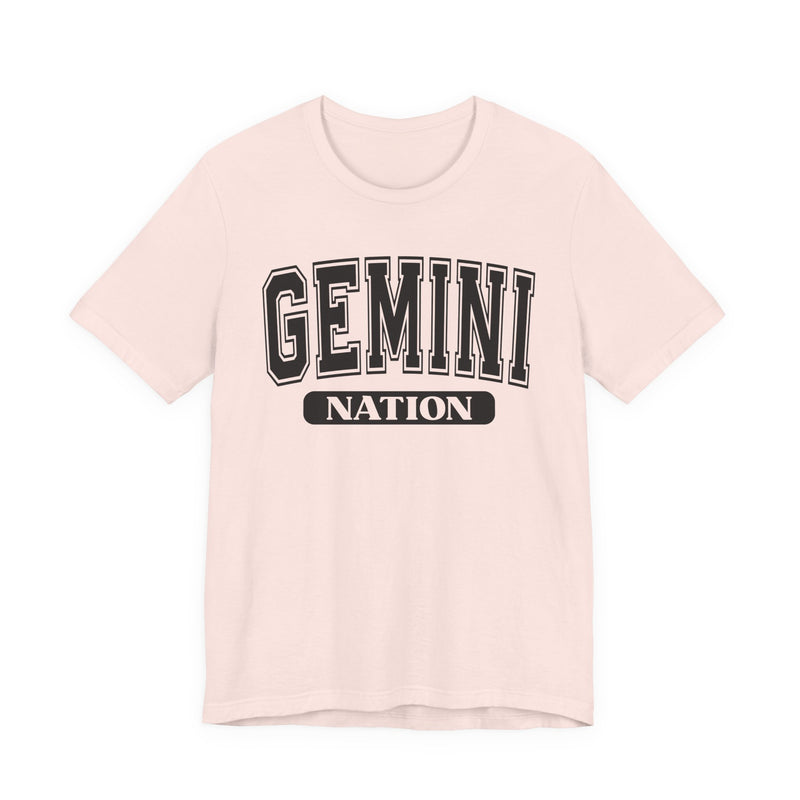 Soft Pink t-shirt with black arched GEMINI lettering and NATION bar print, front flat-lay view.