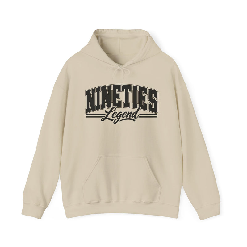 Hoodie with bold lettering reading NINETIES LEGEND, product view.