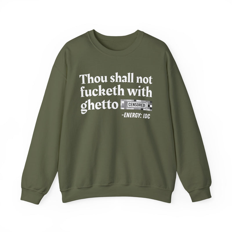 T-Shirt with text design reading “THOU SHALL NOT FUCKETH WITH GHETTO CENSORED BITCH VINTAGE FUNNY BIBLE PRINT SLOGAN T-SHIRT V2”, front view