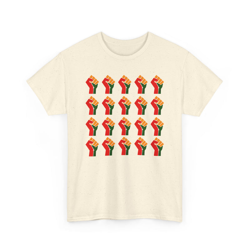 Natural t-shirt with a 4-by-5 grid pattern of twenty red, black, and green raised-fist icons, front view.