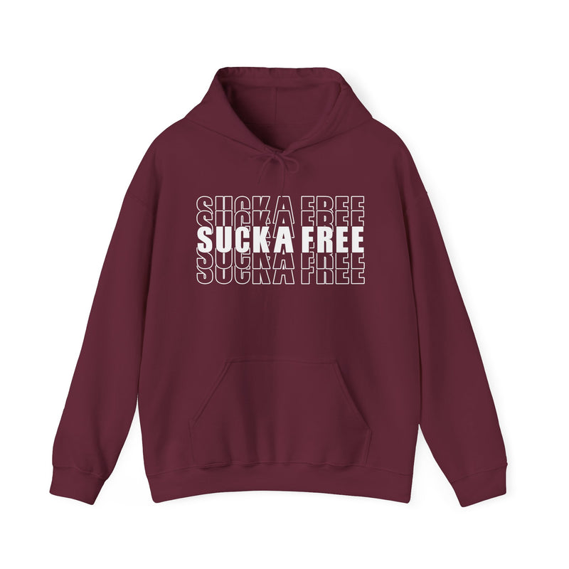 Maroon hoodie with white bubble lettering reading SUCKA FREE, front.