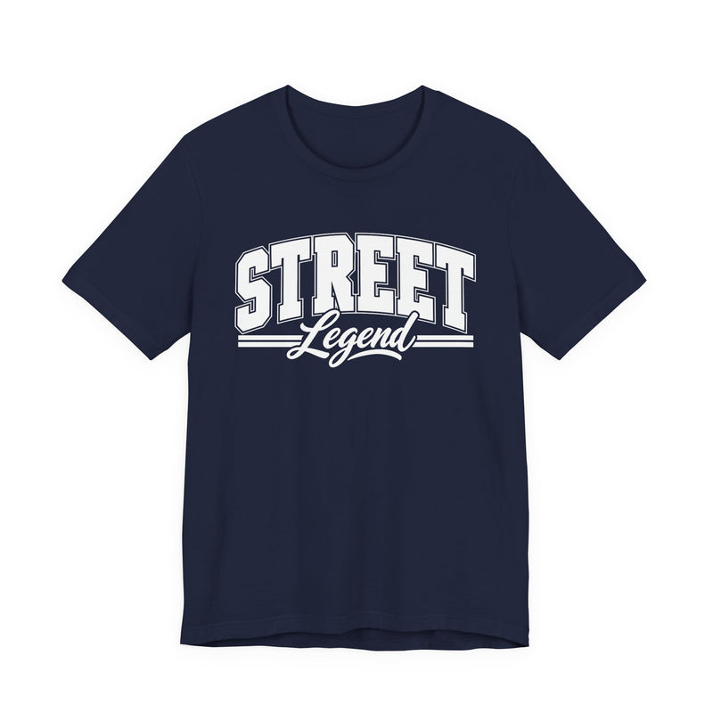 T-Shirt product with collegiate lettering reading STREET LEGEND, alternate view.