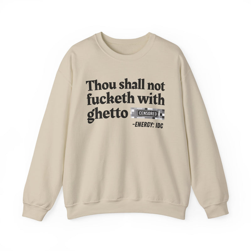 T-Shirt with text design reading “THOU SHALL NOT FUCKETH WITH GHETTO CENSORED BITCH VINTAGE FUNNY BIBLE PRINT SLOGAN T-SHIRT V2”, front view