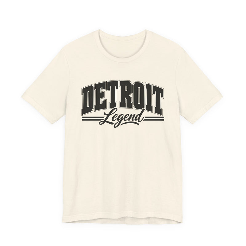 T-Shirt product photo with arched collegiate block lettering reading "DETROIT" with the word "Legend" in script beneath, front view.