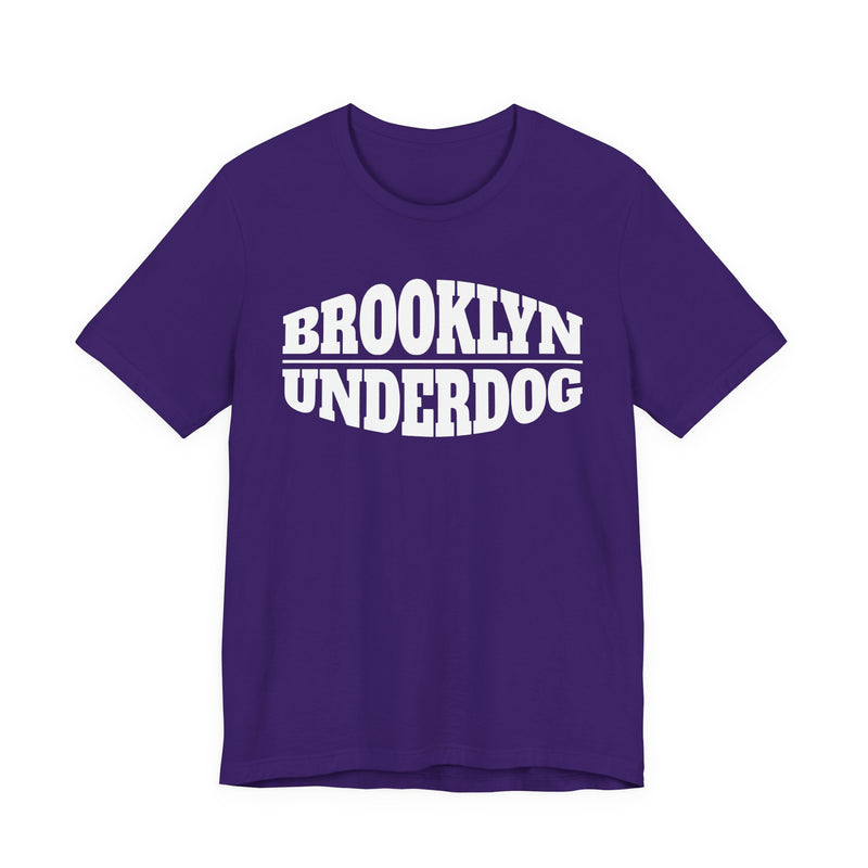 Team Purple T-shirt with white arched BROOKLYN and inverted-arch UNDERDOG collegiate print, front flat-lay view