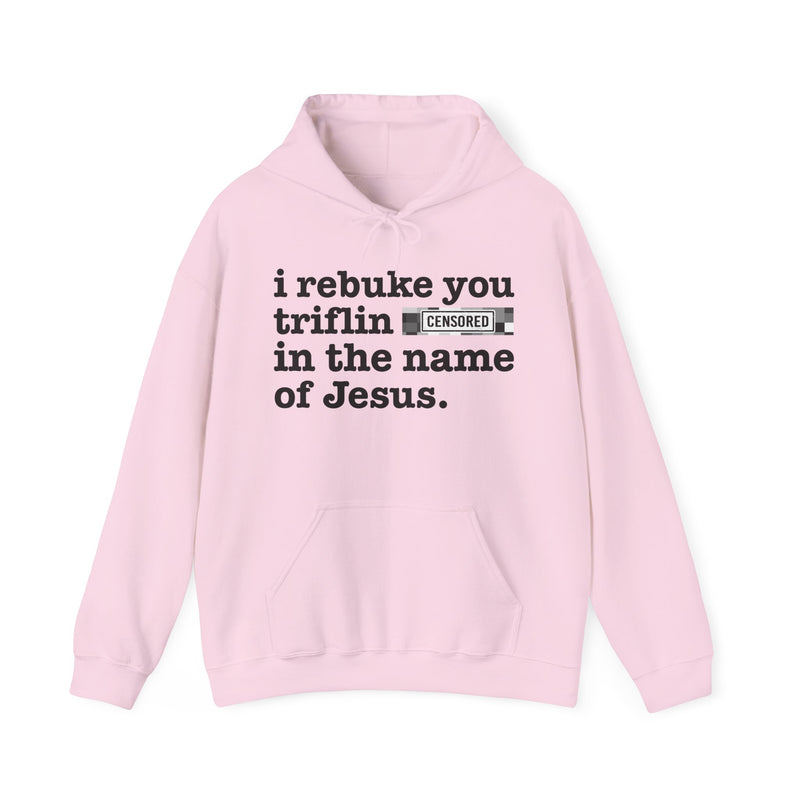 Hoodie with text design reading “I REBUKE YOU TRIFLIN' BITCHES IN THE NAME OF JESUS”, front view