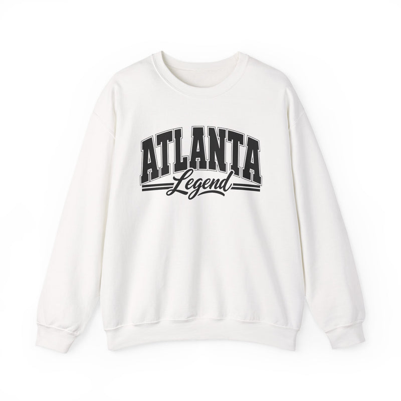 White sweatshirt with black varsity block and script lettering reading ATLANTA LEGEND, front flat-lay view.