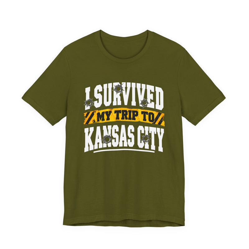 T-Shirt product with collegiate lettering reading I SURVIVED MY TRIP TO KANSAS CITY, back view.