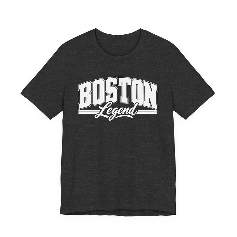 T-Shirt with collegiate lettering reading BOSTON LEGEND, front view.