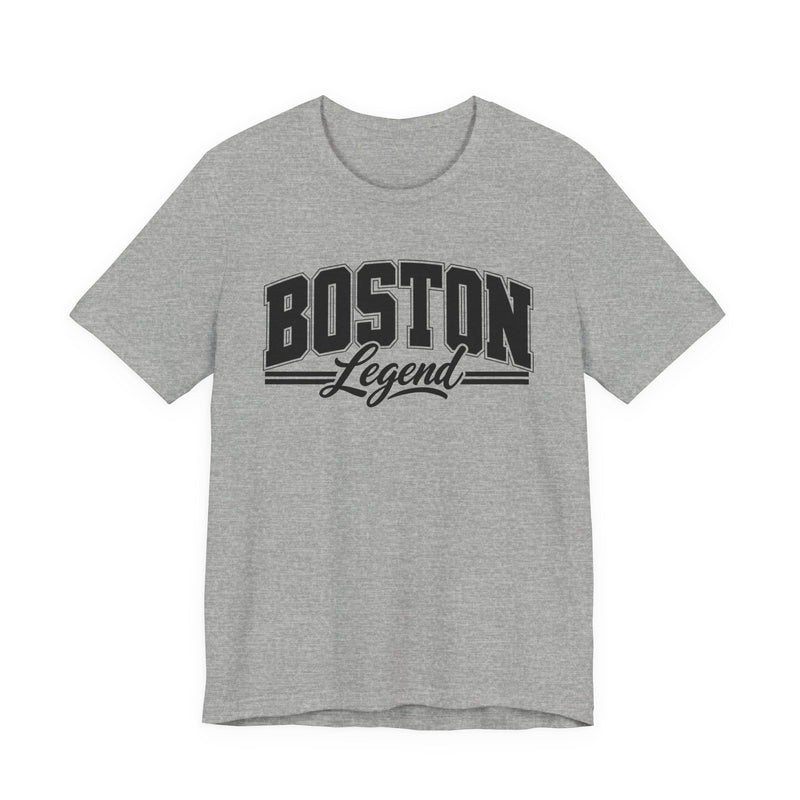 T-Shirt with collegiate lettering reading BOSTON LEGEND, front view.