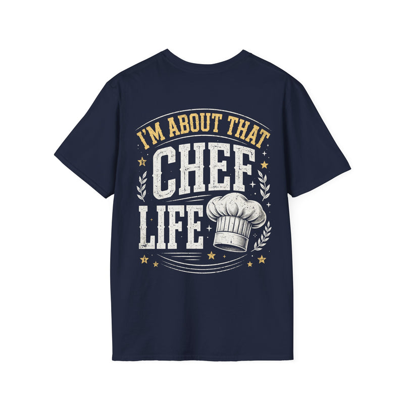 Navy t-shirt with cream bubble lettering reading I'M ABOUT THAT CHEF LIFE, front view.