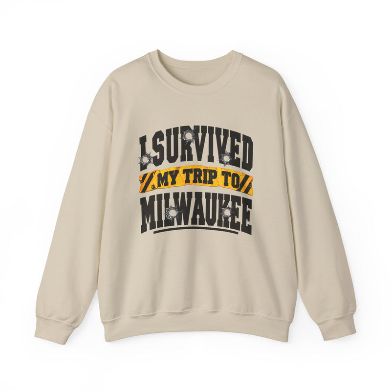 Sweatshirt product with collegiate lettering reading I SURVIVED MY TRIP TO PITTSBURGH, on-model view.