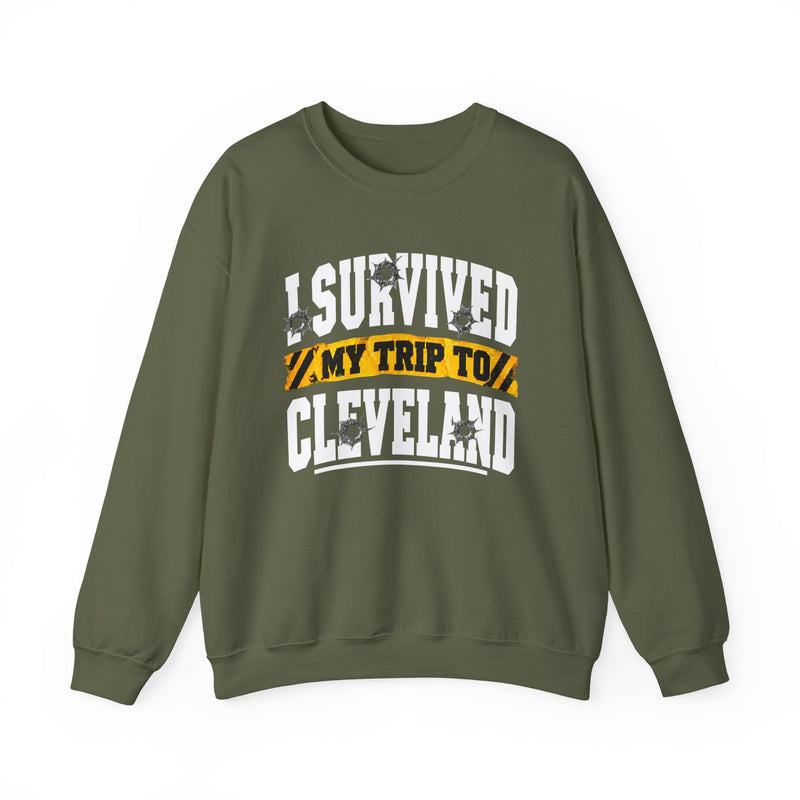Sweatshirt product with collegiate lettering reading I SURVIVED MY TRIP TO CLEVELAND, back view.