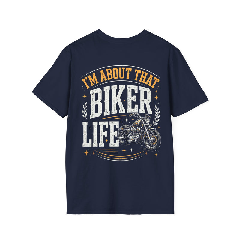 Navy t-shirt with white and gold western lettering reading "I'M ABOUT THAT BIKER LIFE", back flat-lay view.