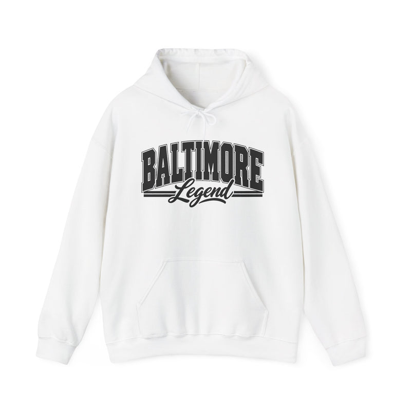 Hoodie product with collegiate lettering reading BALTIMORE LEGEND, alternate view.