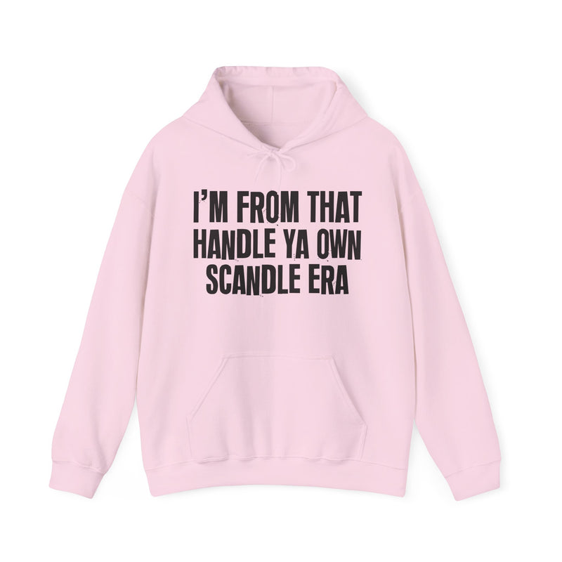 I'M FROM THAT HANDLE YA OWN SCANDAL ERA — Hoodie alternate view 12: I'M FROM THAT HANDLE YA OWN SCANDLE ERA (print reads 'SCANDLE' — typo, flagged). Street Talk Designs old school statement apparel.