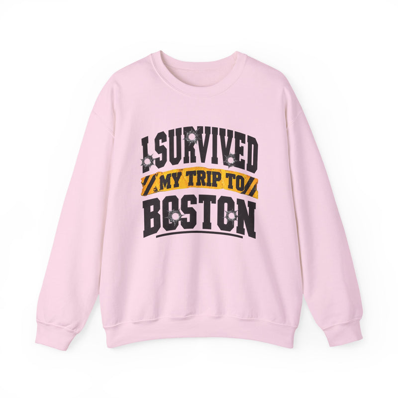 Sweatshirt product with collegiate lettering reading I SURVIVED MY TRIP TO BOSTON, flat lay.