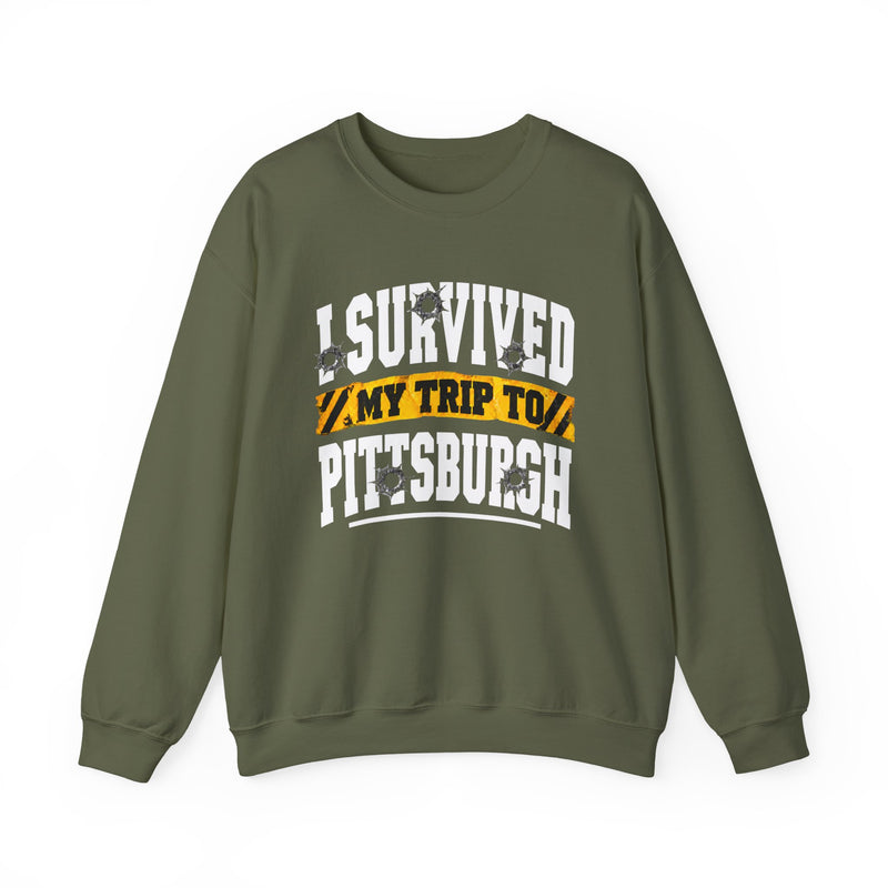 Sweatshirt product with collegiate lettering reading I SURVIVED MY TRIP TO PITTSBURGH, back view.