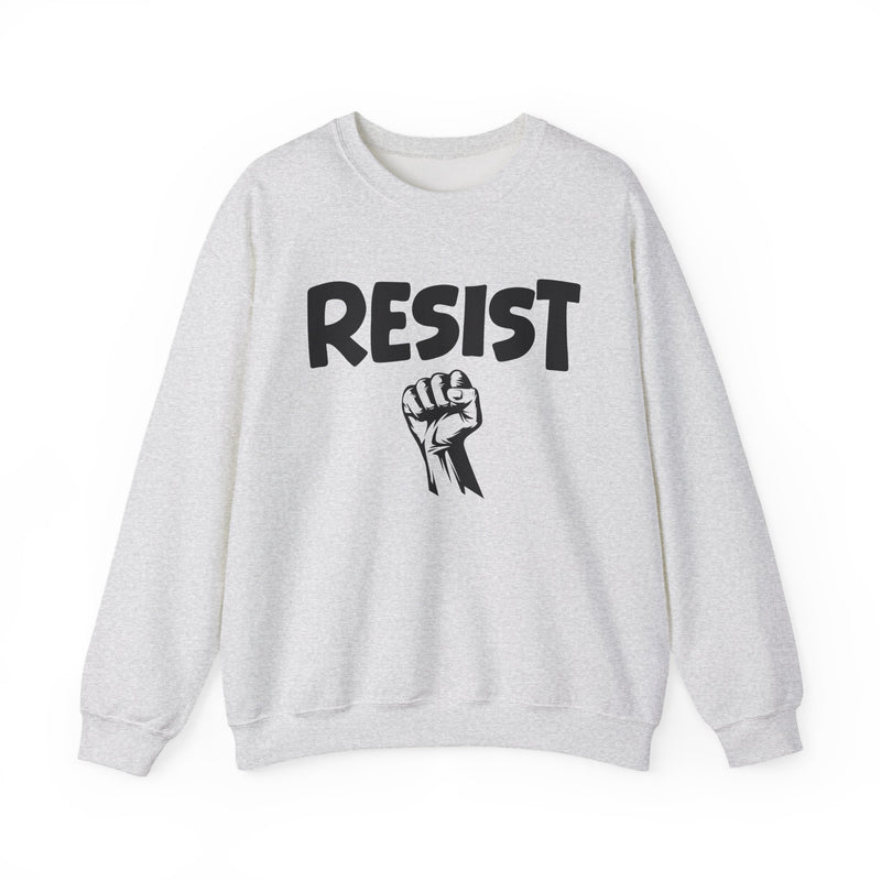 Light gray sweatshirt with black lettering reading "RESIST", front flat-lay view.