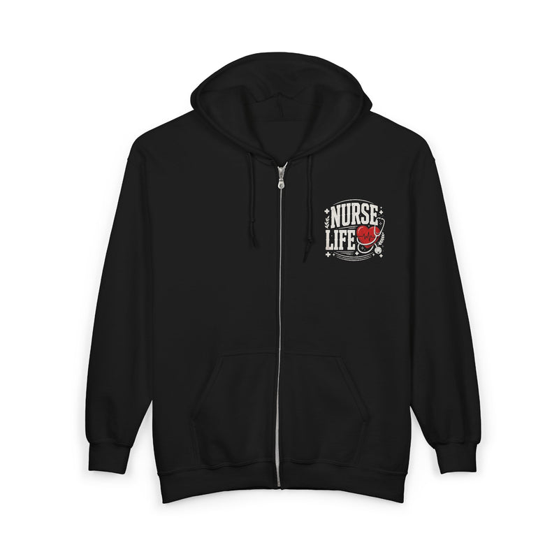 Black hoodie with small white and red "NURSE LIFE" chest logo, front flat-lay view.