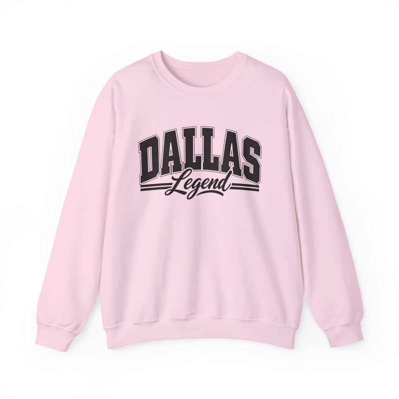 Sweatshirt with collegiate lettering reading DALLAS LEGEND, front view.