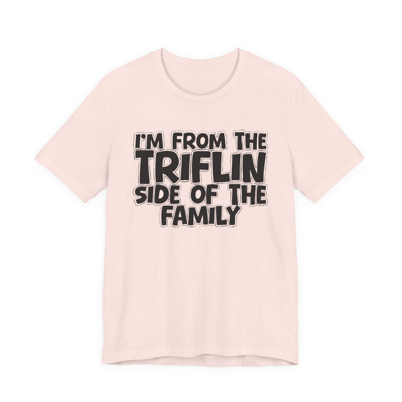 Athletic Heather t-shirt with "I'M FROM THE FAKE SIDE OF THE FAMILY" in bold white outlined bubble lettering, front flat-lay view