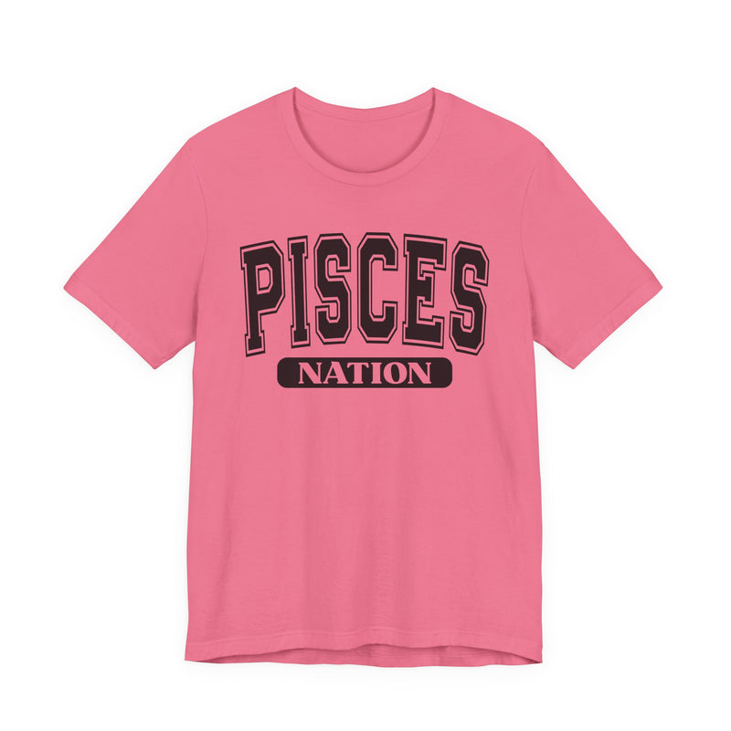 Hot pink T-shirt with black arched collegiate PISCES lettering and boxed NATION print, front view.