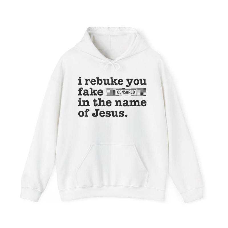 White hoodie with black lettering reading I REBUKE YOU FAKE BITCHES IN THE NAME OF JESUS, front view.