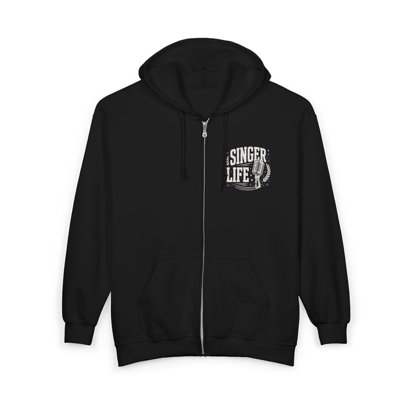 Black hoodie with white and purple bubble lettering reading I'M ABOUT THAT SINGER LIFE, back.