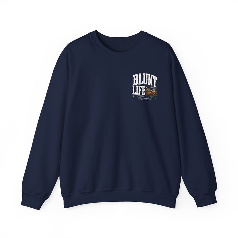 I'm About That Blunt Life — Sweatshirt front view: I'M ABOUT THAT BLUNT LIFE in green arched lettering over distressed white letters with a smoking blunt and buds graphic — green arched lettering over distressed white letters with a smoking blunt and buds graphic on black. Street Talk Designs 420-friendly statement apparel.