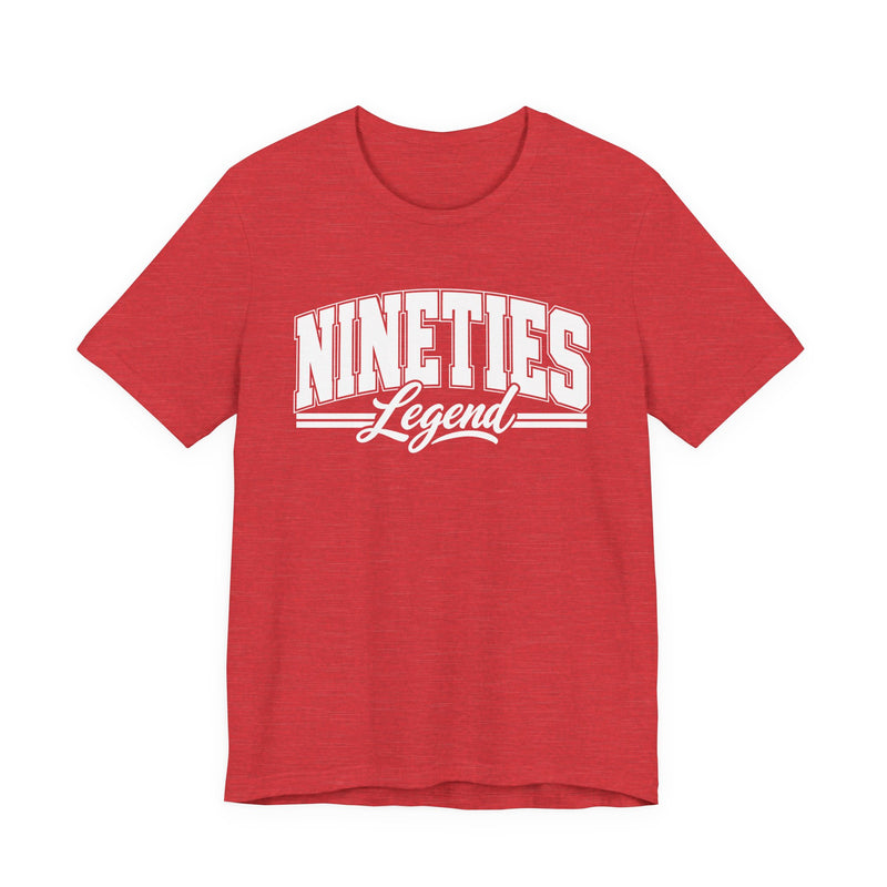 T-shirt with bold lettering reading NINETIES LEGEND, product view.