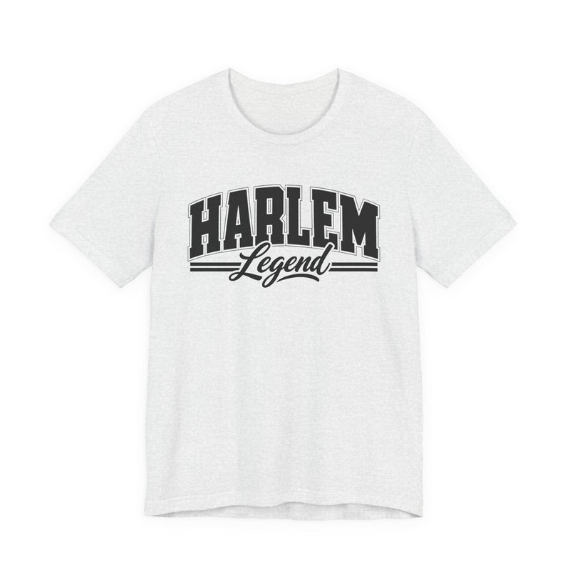 T-Shirt product with collegiate lettering reading HARLEM LEGEND, flat lay.