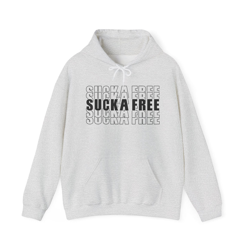 White hoodie with black bubble lettering reading SUCKA FREE, front.