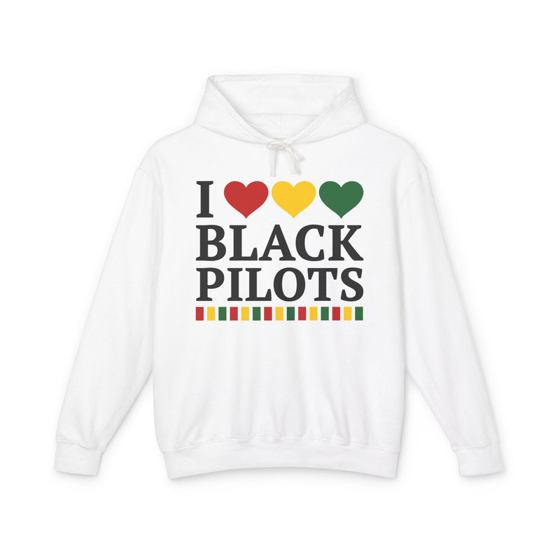 I Love Black Pilots — Hoodie fabric detail close-up: I LOVE BLACK PILOTS in bold statement lettering. Street Talk Designs culture statement apparel.