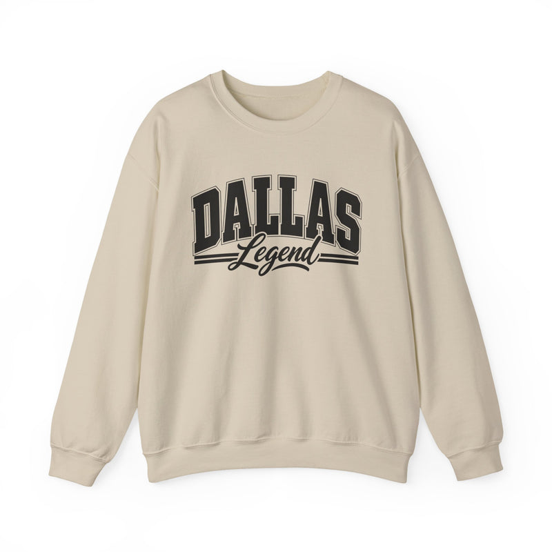 Sweatshirt with collegiate lettering reading DALLAS LEGEND, front view.