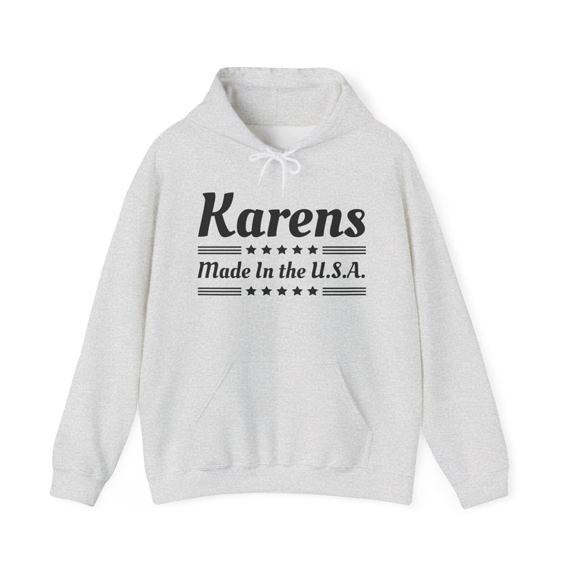 Karens Made In The USA — Hoodie back view: KARENS MADE IN THE USA in bold statement lettering. Street Talk Designs politics and power statement apparel.