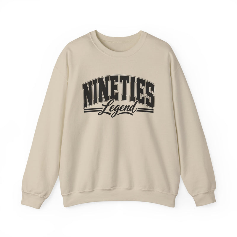 Sweatshirt with bold lettering reading NINETIES LEGEND, product view.