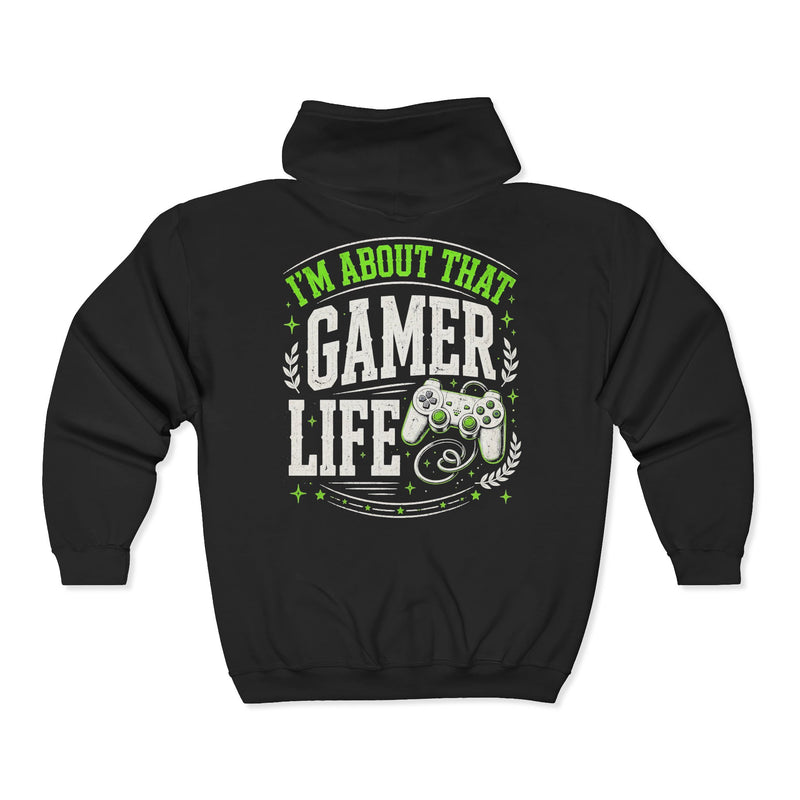 Charcoal zip hoodie with white and green bubble lettering reading I'M ABOUT THAT GAMER LIFE, back.
