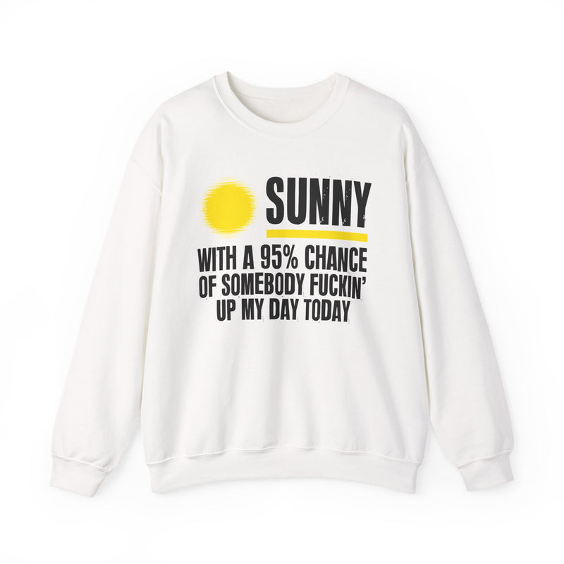 Sunny With A 95% Chance Of Somebody Fuckin' Up My Day Today — Sweatshirt back view: SUNNY with a yellow sun graphic over WITH A 95% CHANCE OF SOMEBODY FUCKIN' UP MY DAY TODAY in white distressed block type — white and yellow print on black. Street Talk Designs sarcastic statement apparel.