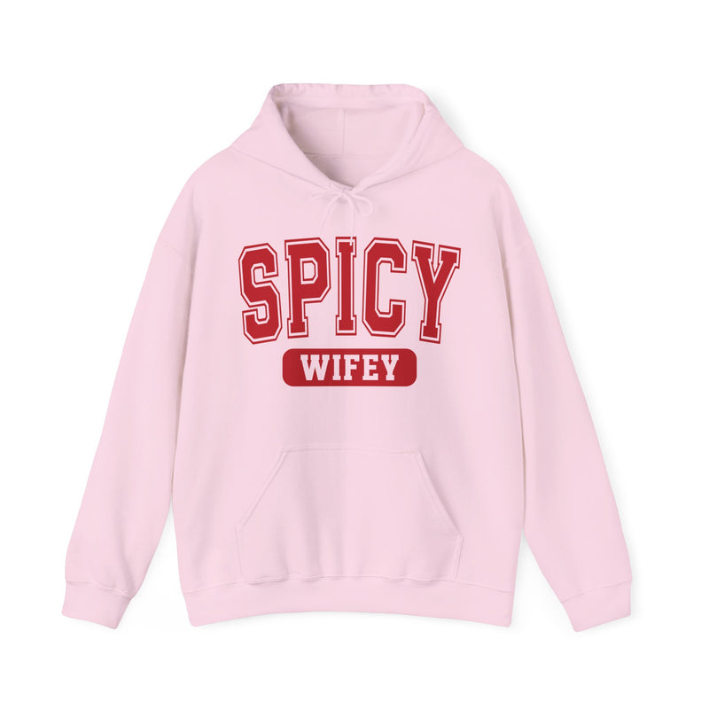 White hoodie with dark bold playful lettering reading SPICY WIFEY, front flat-lay view.
