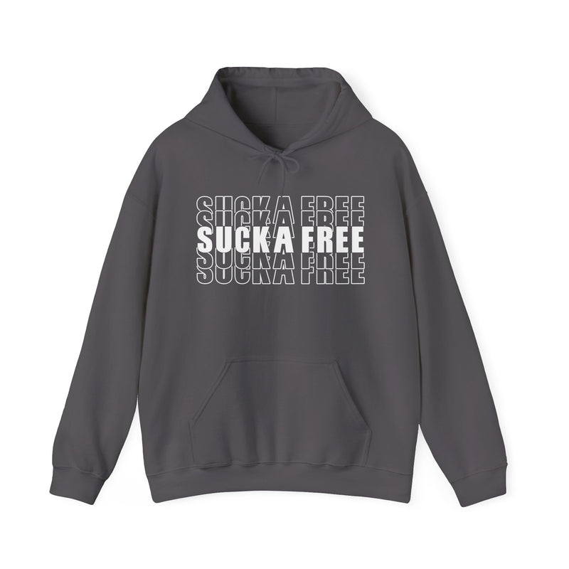 Ash hoodie with black bubble lettering reading SUCKA FREE, front.